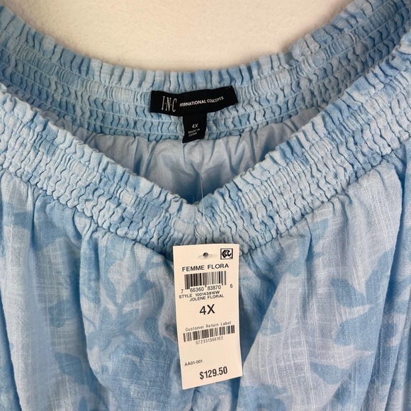 INC International Concepts Women's 4X Blue Puff Sleeves Floral Smocked Dress - Picture 7 of 12